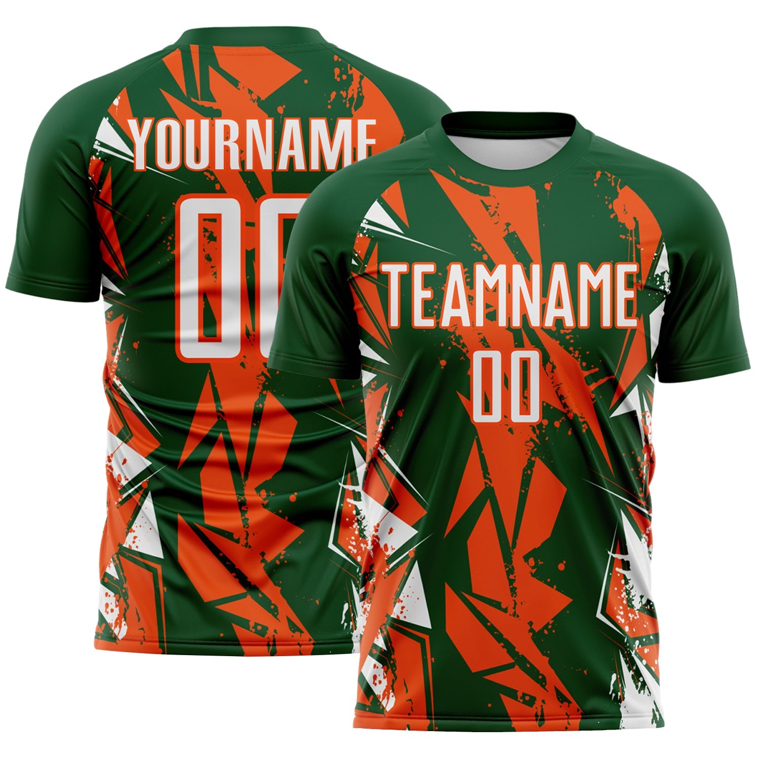 Custom Green White-Orange Geometric Shard Grunge Splash Sublimation Soccer Uniform Jersey - Main View