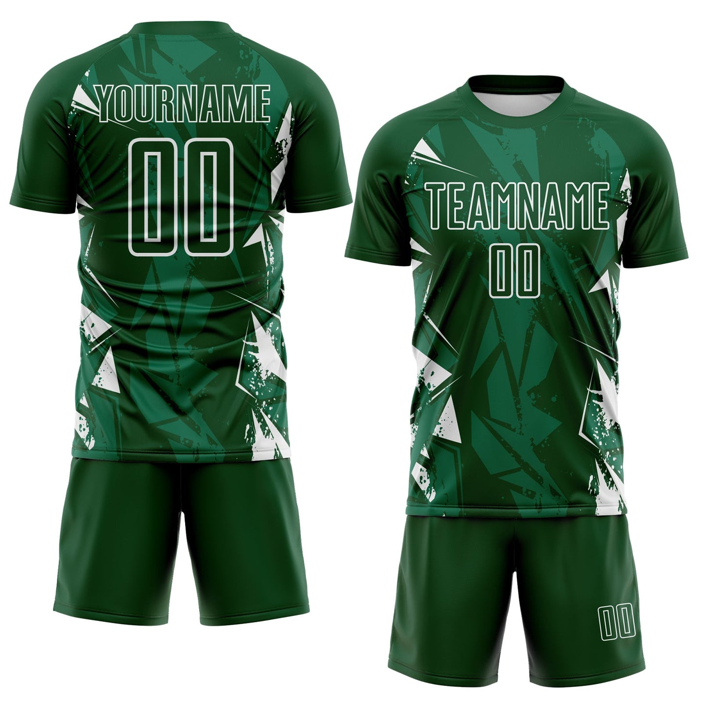 Custom Green-White Geometric Shard Grunge Splash Sublimation Soccer Uniform Jersey view 2