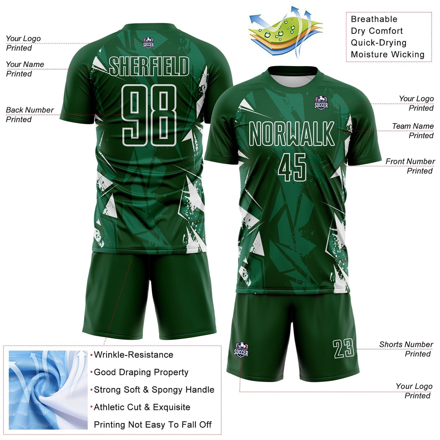 Custom Green-White Geometric Shard Grunge Splash Sublimation Soccer Uniform Jersey view 4