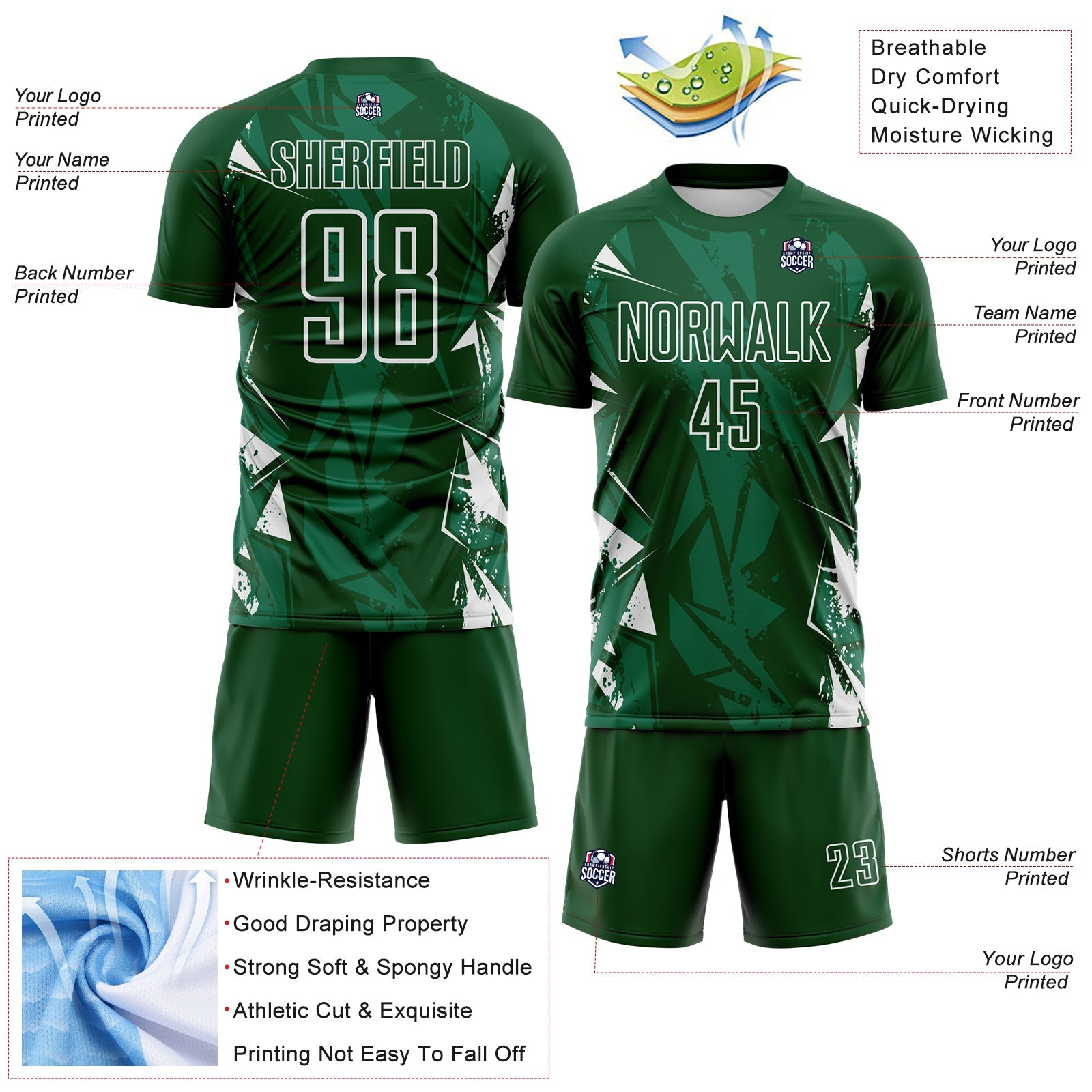 Custom Green-White Geometric Shard Grunge Splash Sublimation Soccer Uniform Jersey view 4