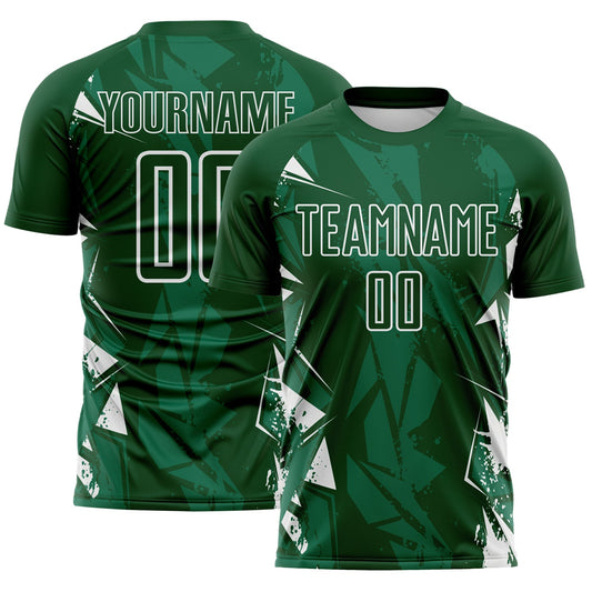 Custom Green-White Geometric Shard Grunge Splash Sublimation Soccer Uniform Jersey - Main View