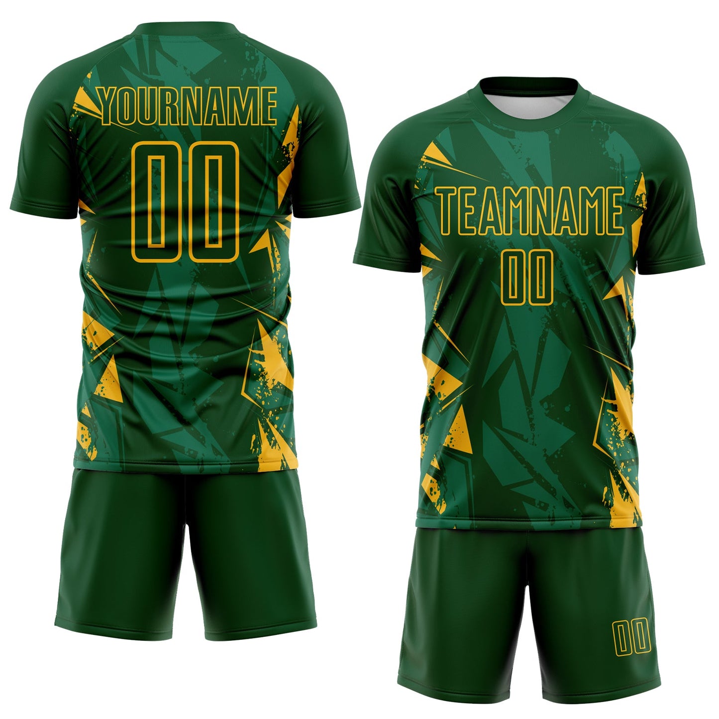 Custom Green-Gold Geometric Shard Grunge Splash Sublimation Soccer Uniform Jersey view 2