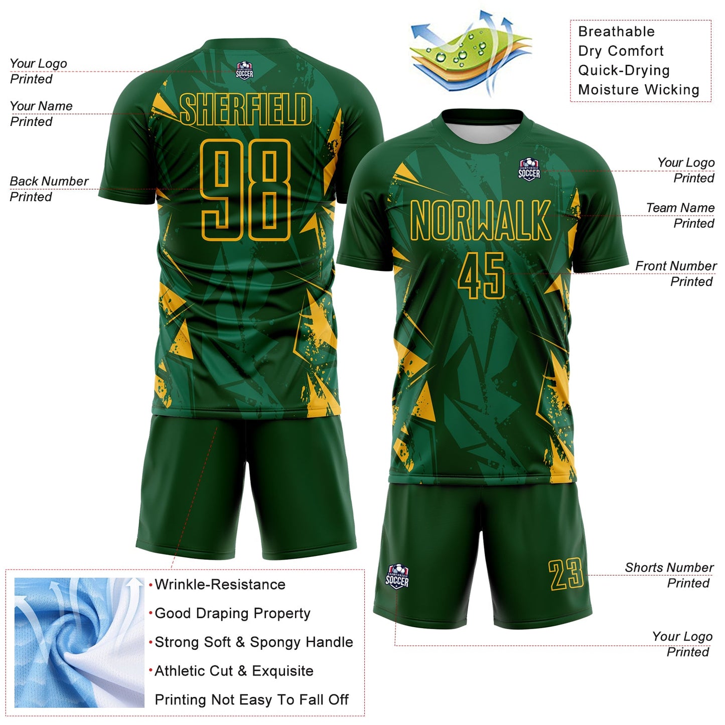Custom Green-Gold Geometric Shard Grunge Splash Sublimation Soccer Uniform Jersey view 4
