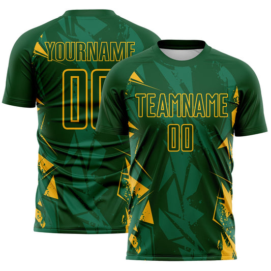 Custom Green-Gold Geometric Shard Grunge Splash Sublimation Soccer Uniform Jersey - Main View