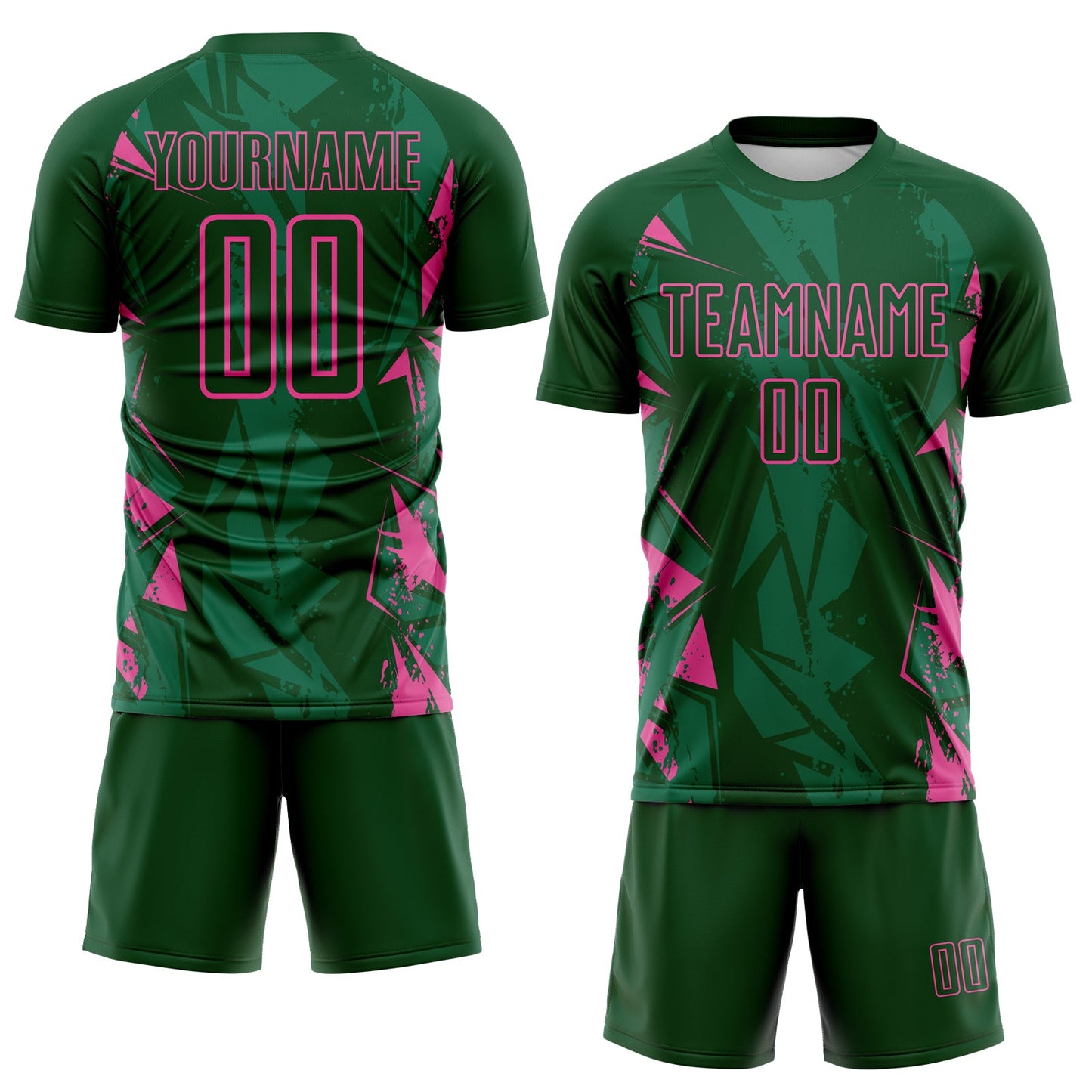 Custom Green-Pink Geometric Shard Grunge Splash Sublimation Soccer Uniform Jersey view 2