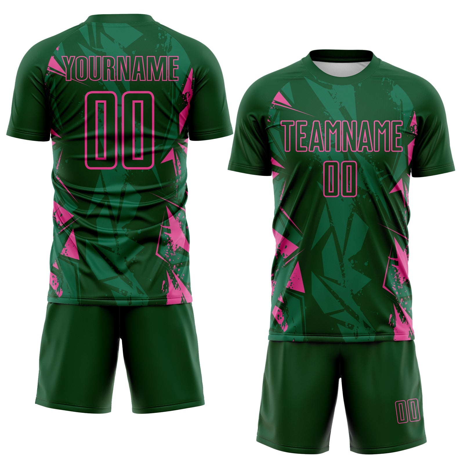 Custom Green-Pink Geometric Shard Grunge Splash Sublimation Soccer Uniform Jersey view 2