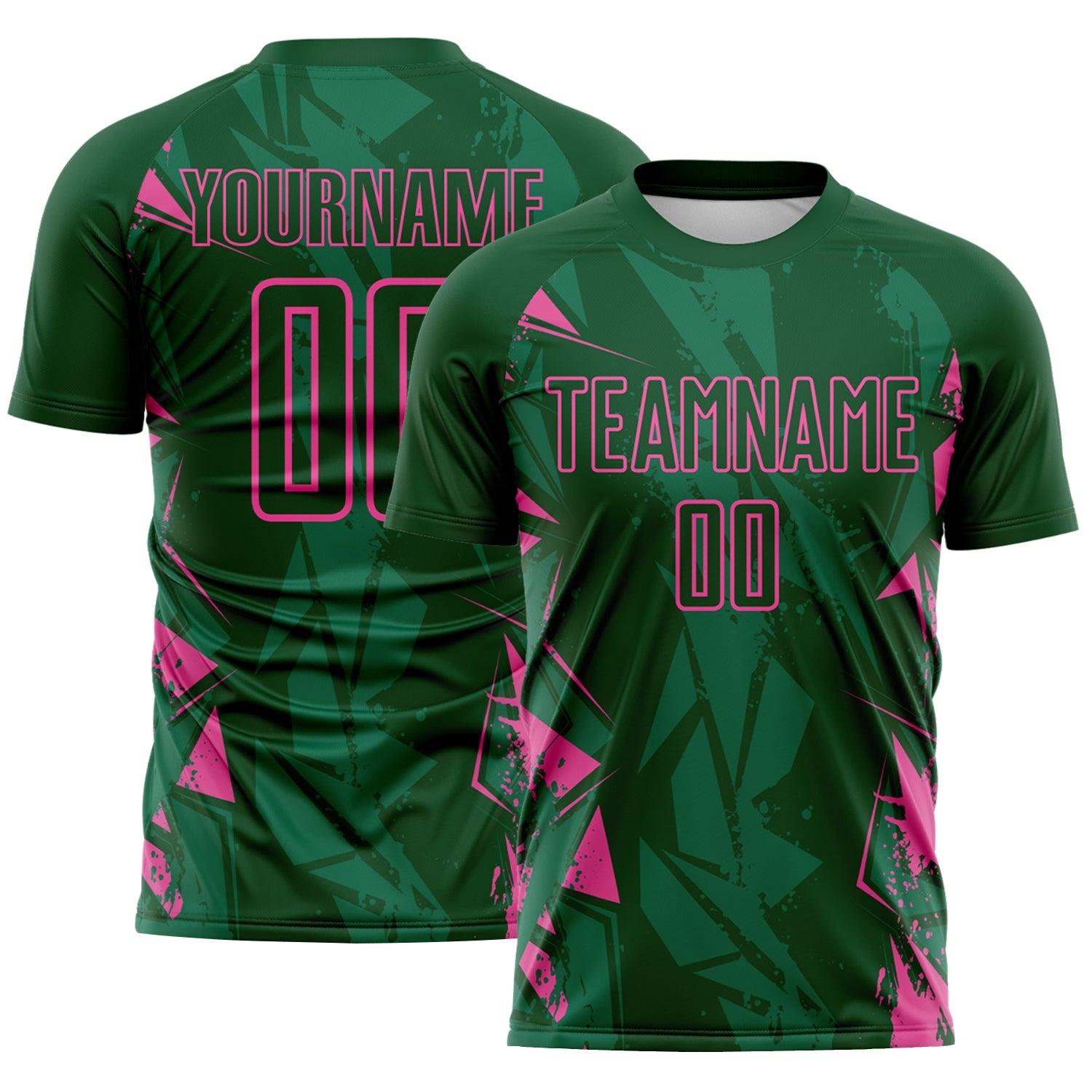 Custom Green-Pink Geometric Shard Grunge Splash Sublimation Soccer Uniform Jersey - Main View