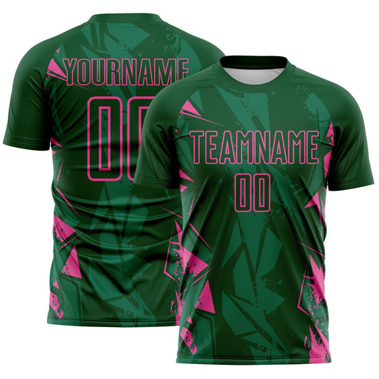 Custom Green-Pink Geometric Shard Grunge Splash Sublimation Soccer Uniform Jersey - Main View