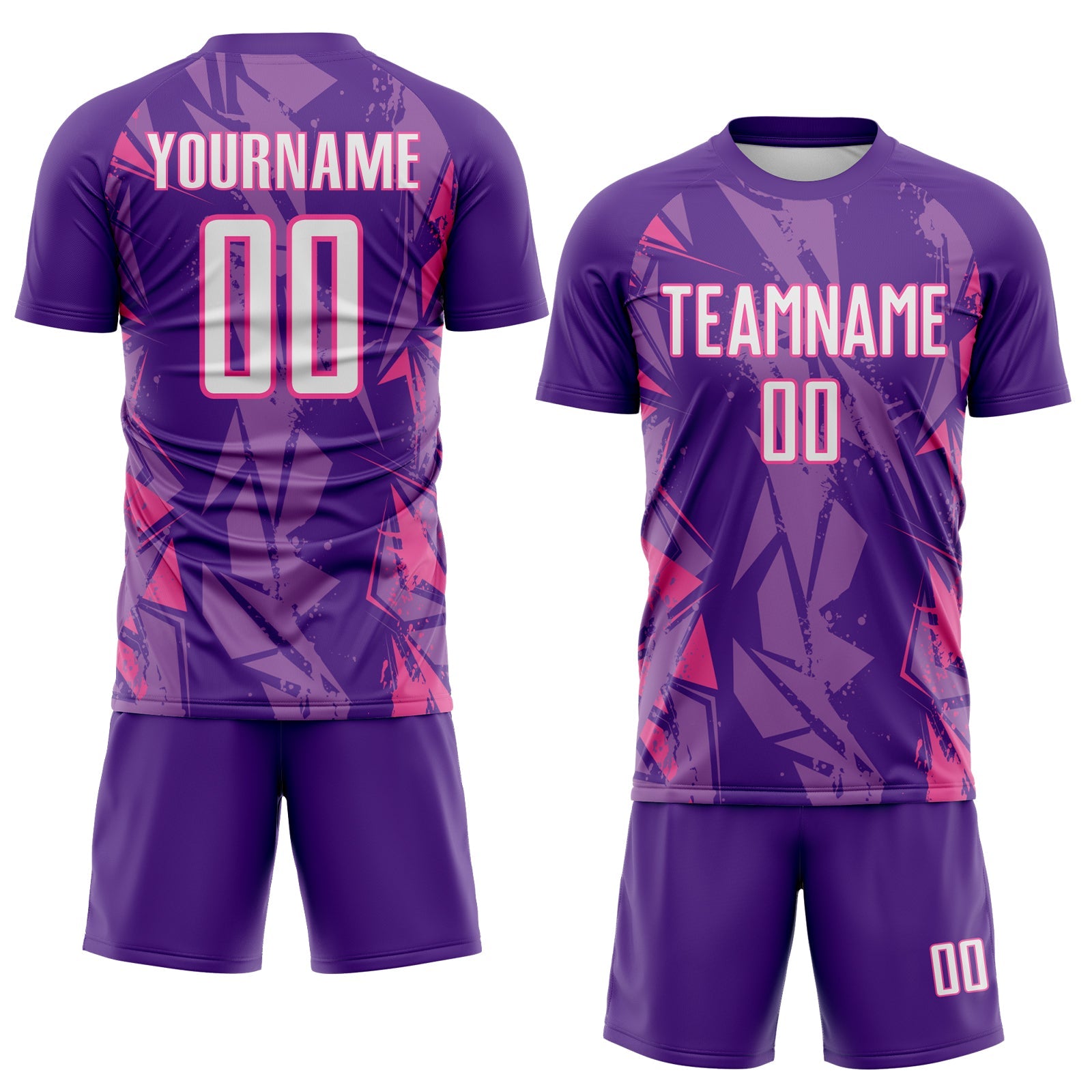 Custom Purple White-Pink Geometric Shard Grunge Splash Sublimation Soccer Uniform Jersey view 2