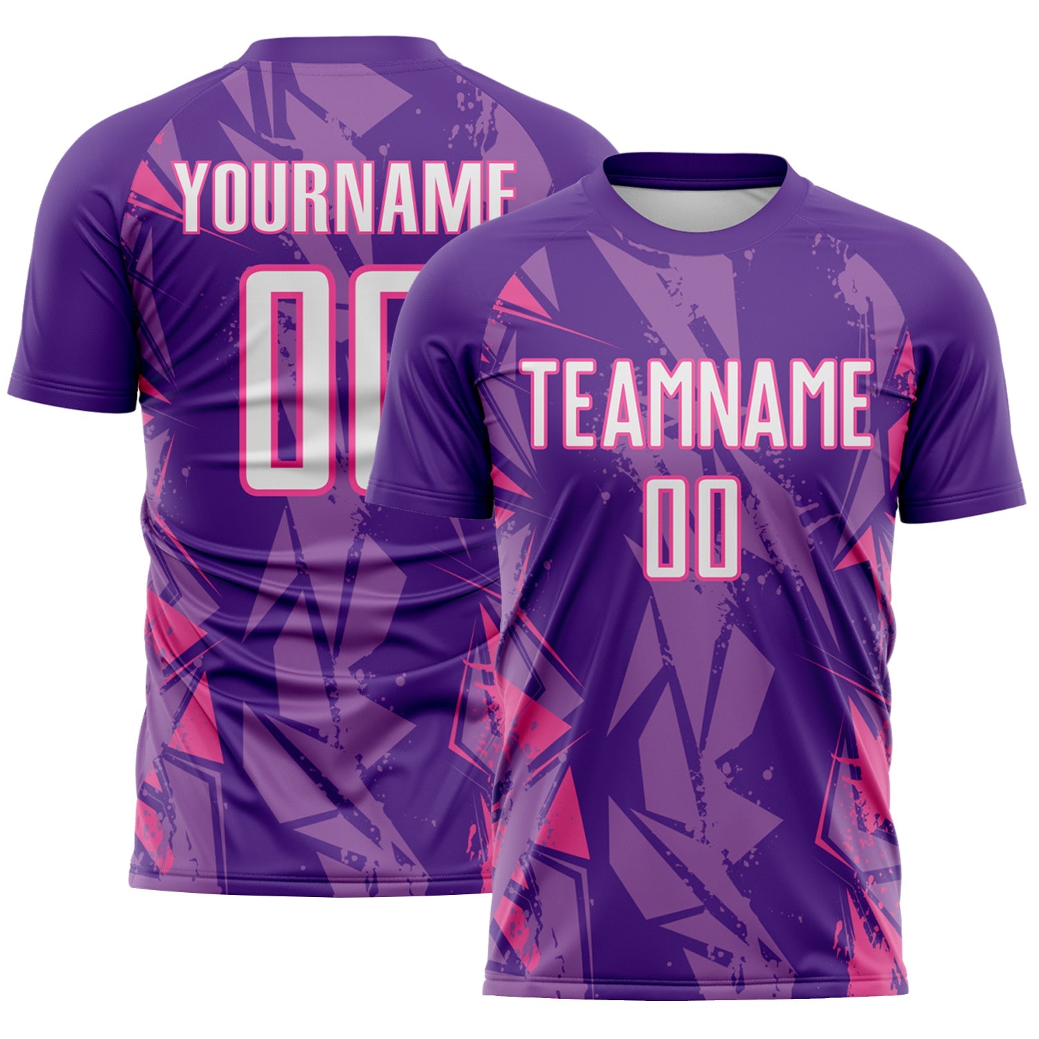 Custom Purple White-Pink Geometric Shard Grunge Splash Sublimation Soccer Uniform Jersey - Main View