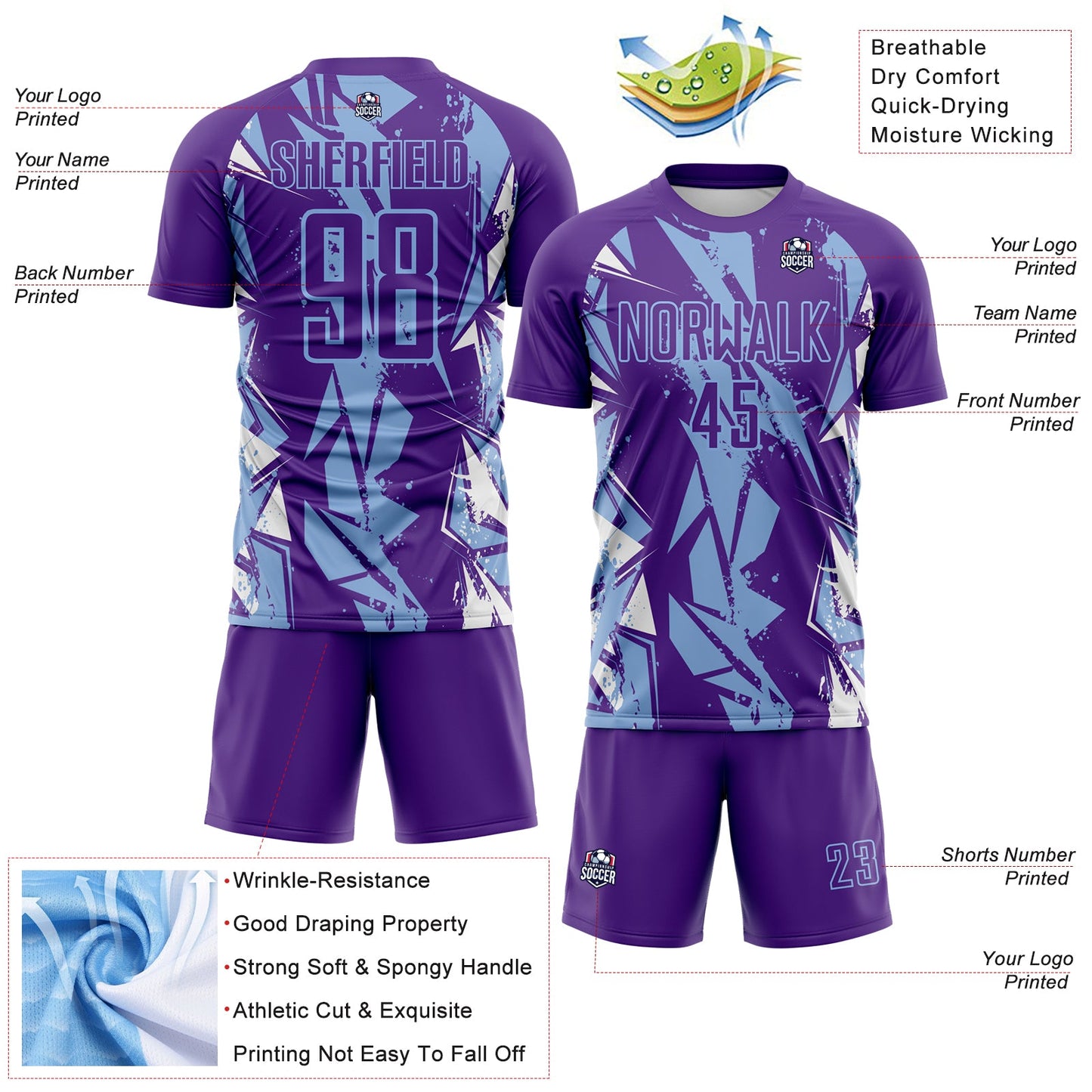 Custom Purple Light Blue-White Geometric Shard Grunge Splash Sublimation Soccer Uniform Jersey view 4