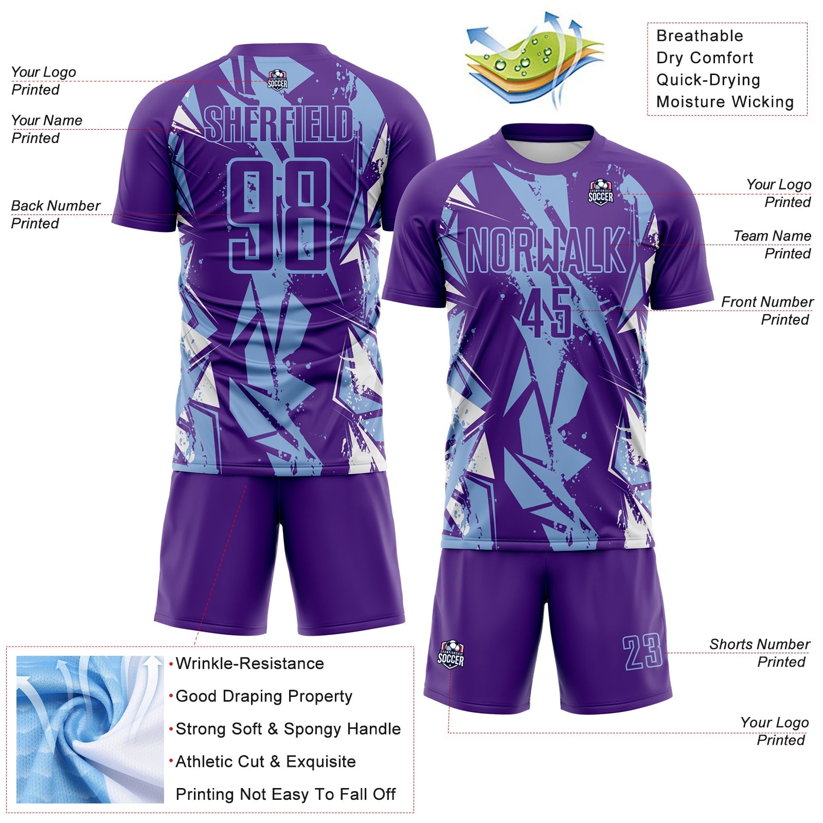 Custom Purple Light Blue-White Geometric Shard Grunge Splash Sublimation Soccer Uniform Jersey view 4