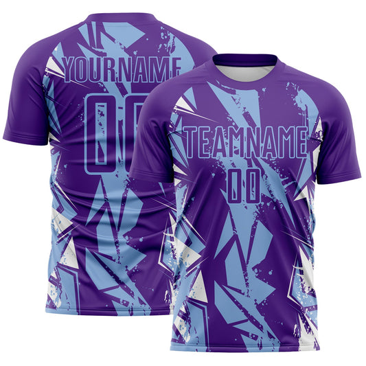Custom Purple Light Blue-White Geometric Shard Grunge Splash Sublimation Soccer Uniform Jersey - Main View