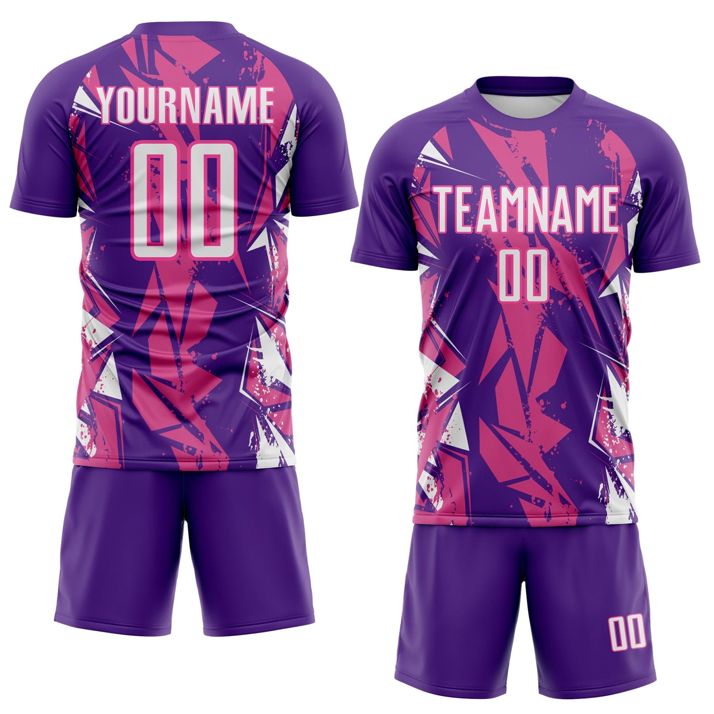Custom Purple White-Pink Geometric Shard Grunge Splash Sublimation Soccer Uniform Jersey view 2
