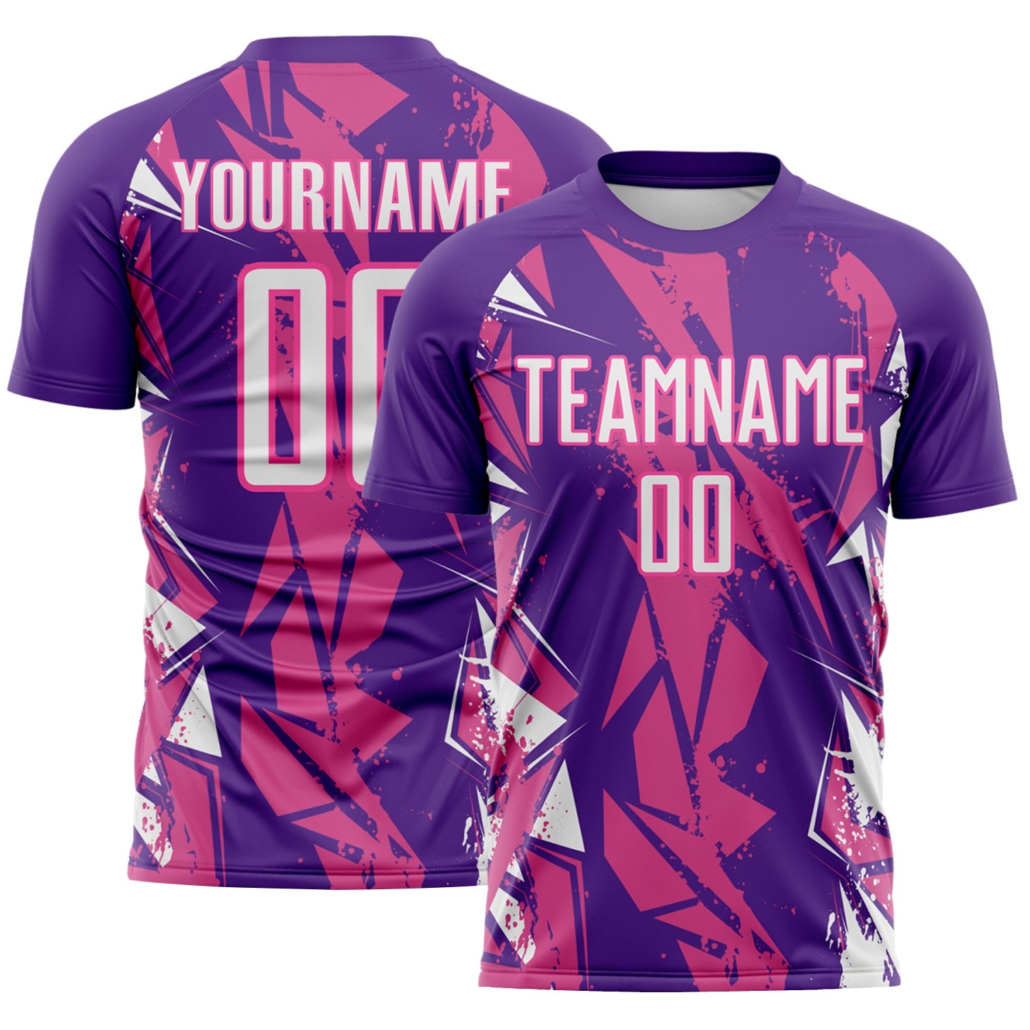 Custom Purple White-Pink Geometric Shard Grunge Splash Sublimation Soccer Uniform Jersey - Main View