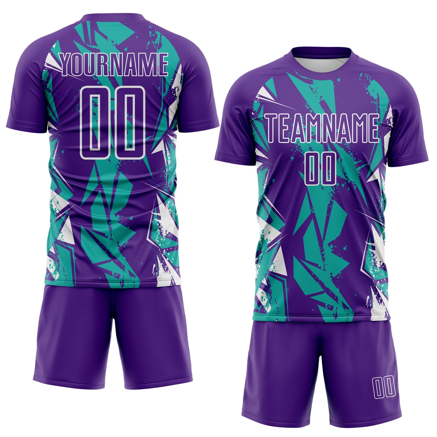 Custom Purple Aqua-White Geometric Shard Grunge Splash Sublimation Soccer Uniform Jersey view 2