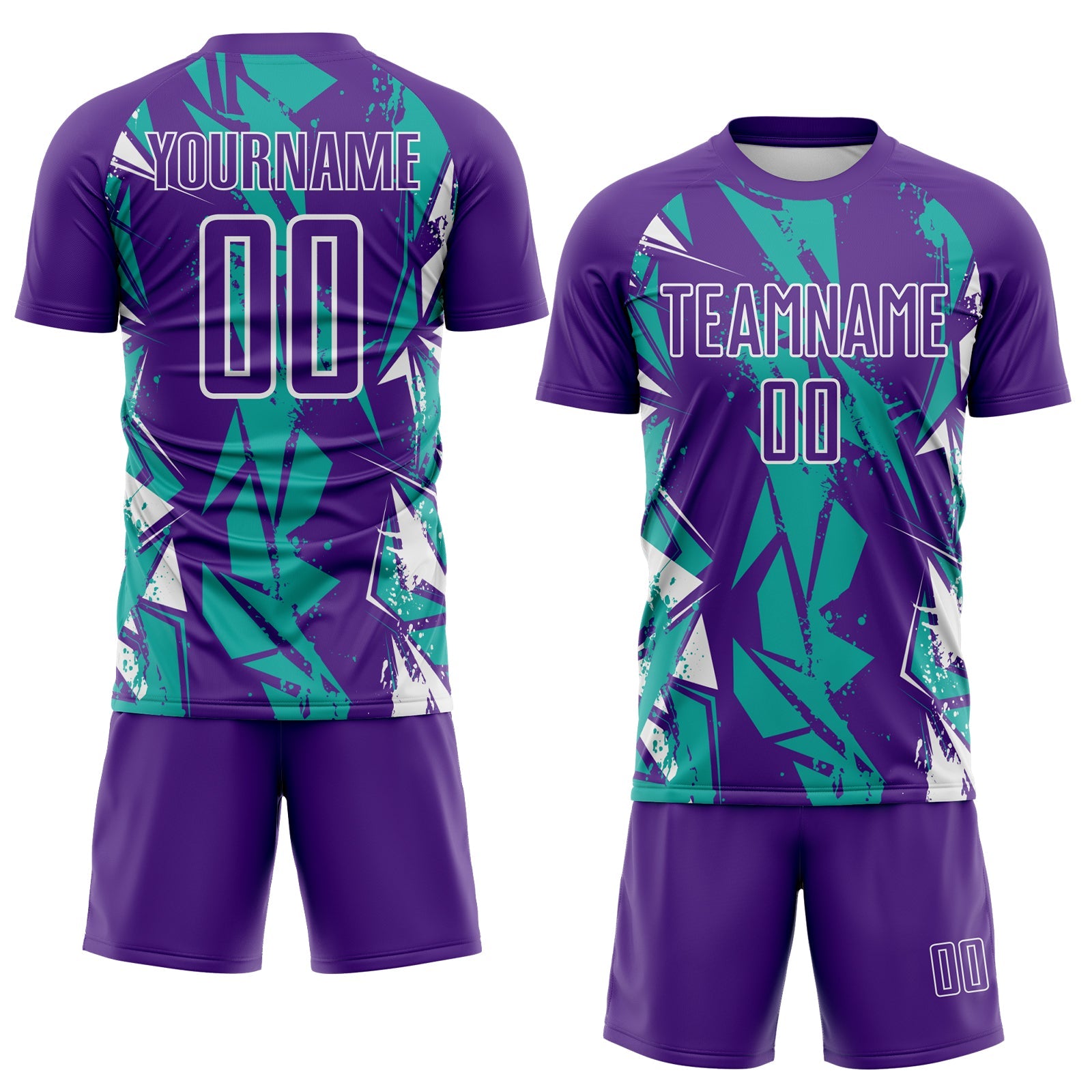 Custom Purple Aqua-White Geometric Shard Grunge Splash Sublimation Soccer Uniform Jersey view 2