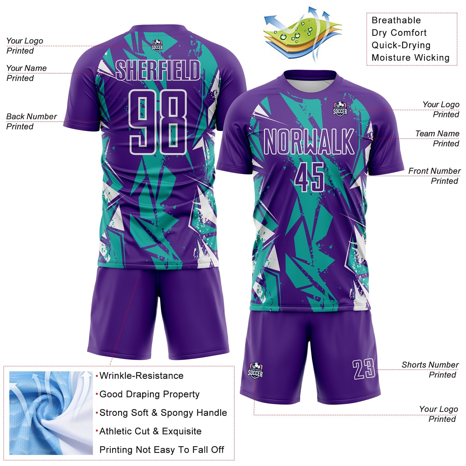 Custom Purple Aqua-White Geometric Shard Grunge Splash Sublimation Soccer Uniform Jersey view 4
