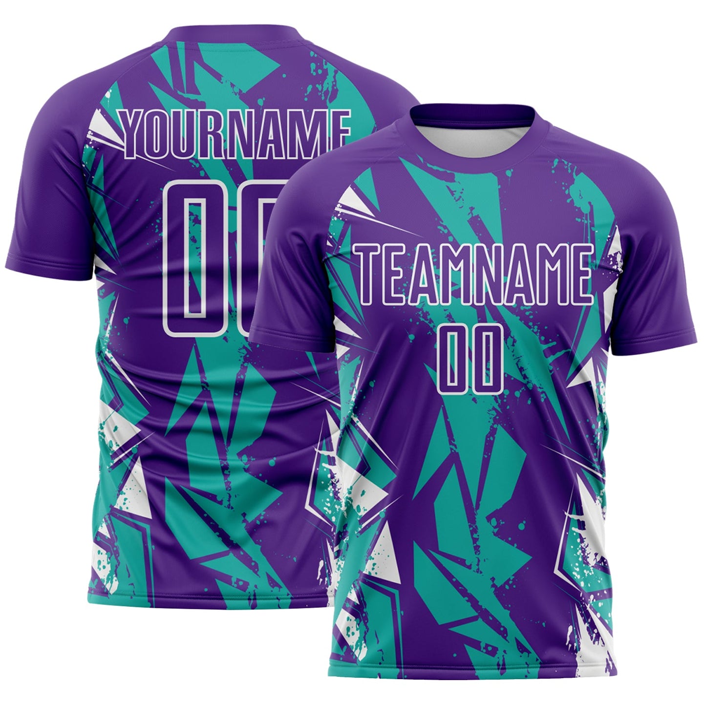 Custom Purple Aqua-White Geometric Shard Grunge Splash Sublimation Soccer Uniform Jersey - Main View