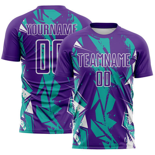 Custom Purple Aqua-White Geometric Shard Grunge Splash Sublimation Soccer Uniform Jersey - Main View