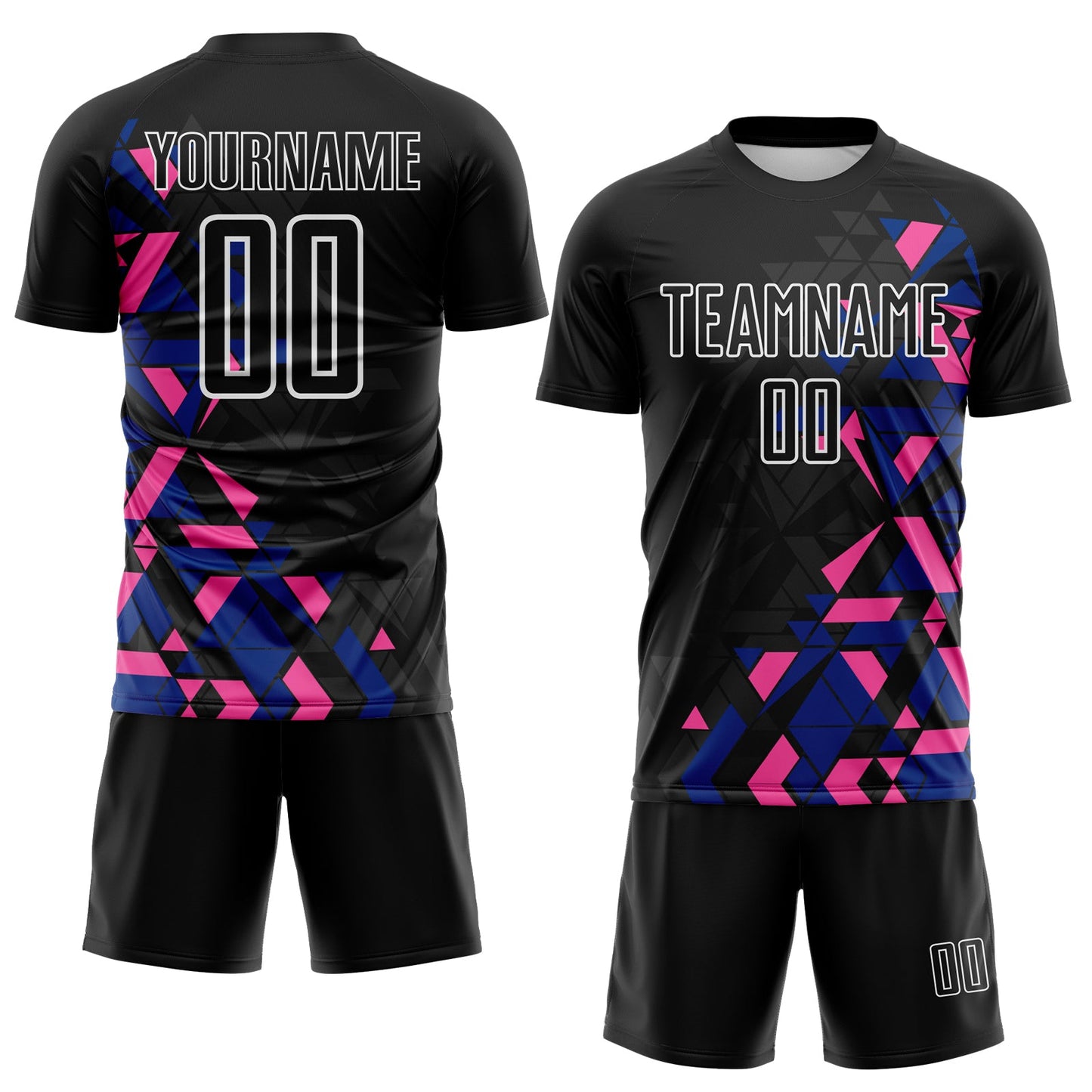Custom Black Royal Pink-White Geometric Grid Gradient Sublimation Soccer Uniform Jersey view 2