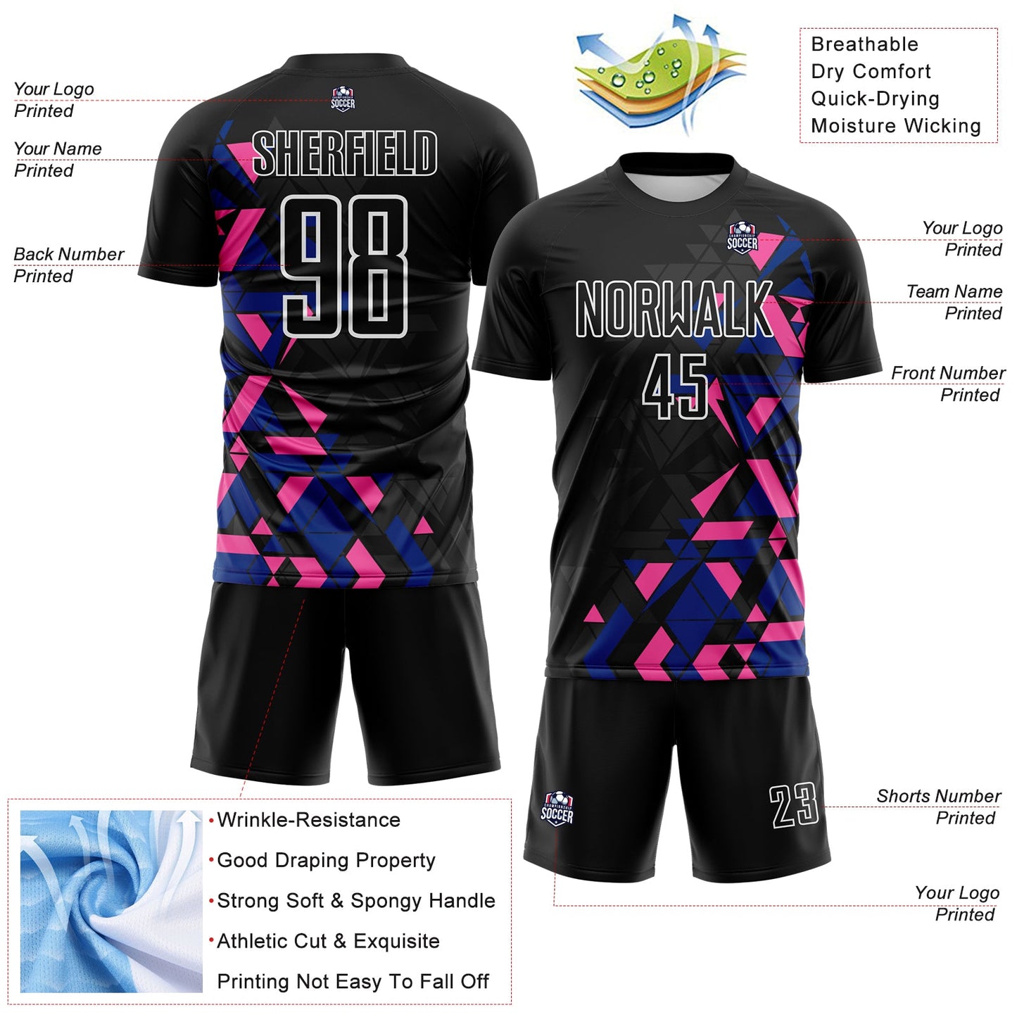 Custom Black Royal Pink-White Geometric Grid Gradient Sublimation Soccer Uniform Jersey view 4