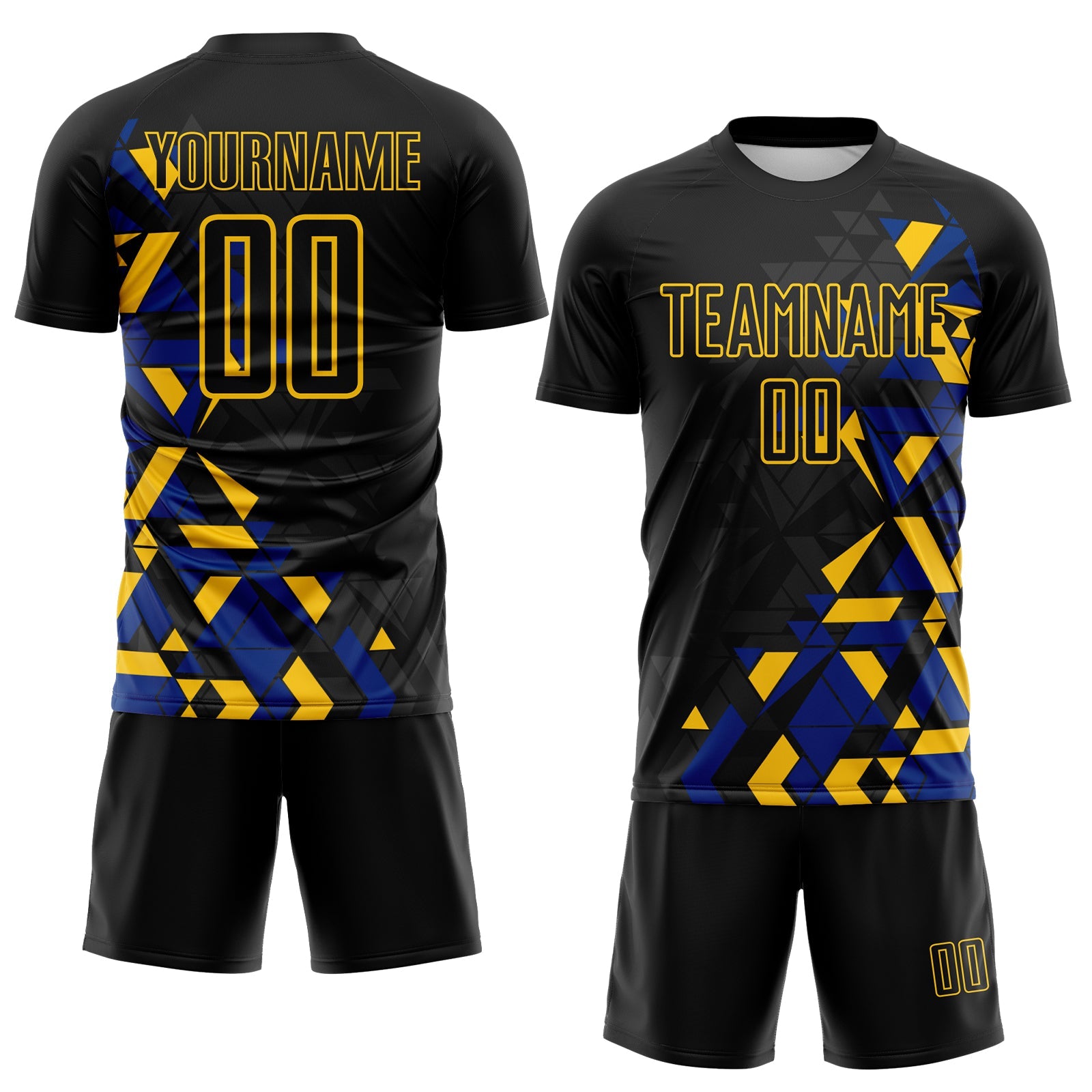 Custom Black Royal-Yellow Geometric Grid Gradient Sublimation Soccer Uniform Jersey view 2