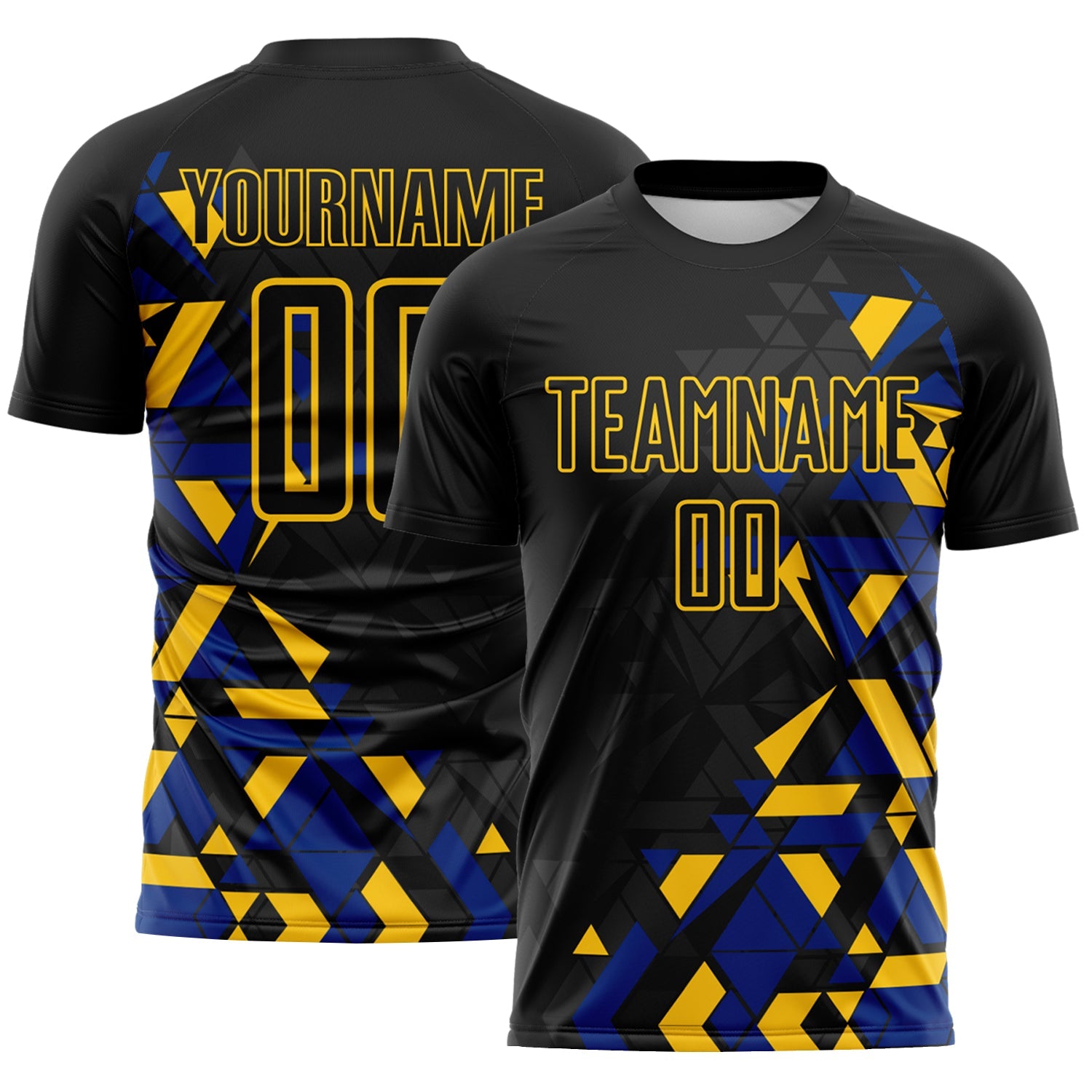 Custom Black Royal-Yellow Geometric Grid Gradient Sublimation Soccer Uniform Jersey - Main View