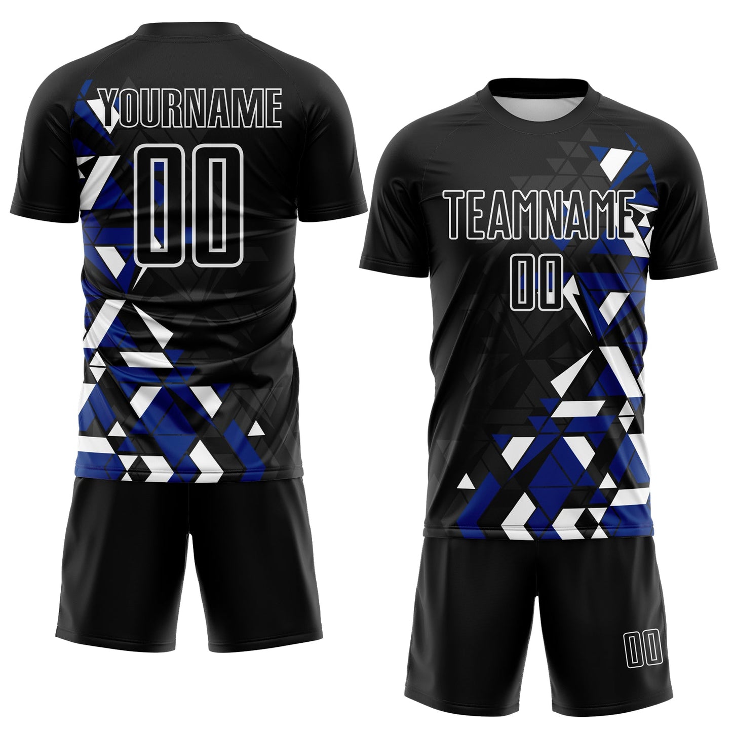 Custom Black Royal-White Geometric Grid Gradient Sublimation Soccer Uniform Jersey view 2