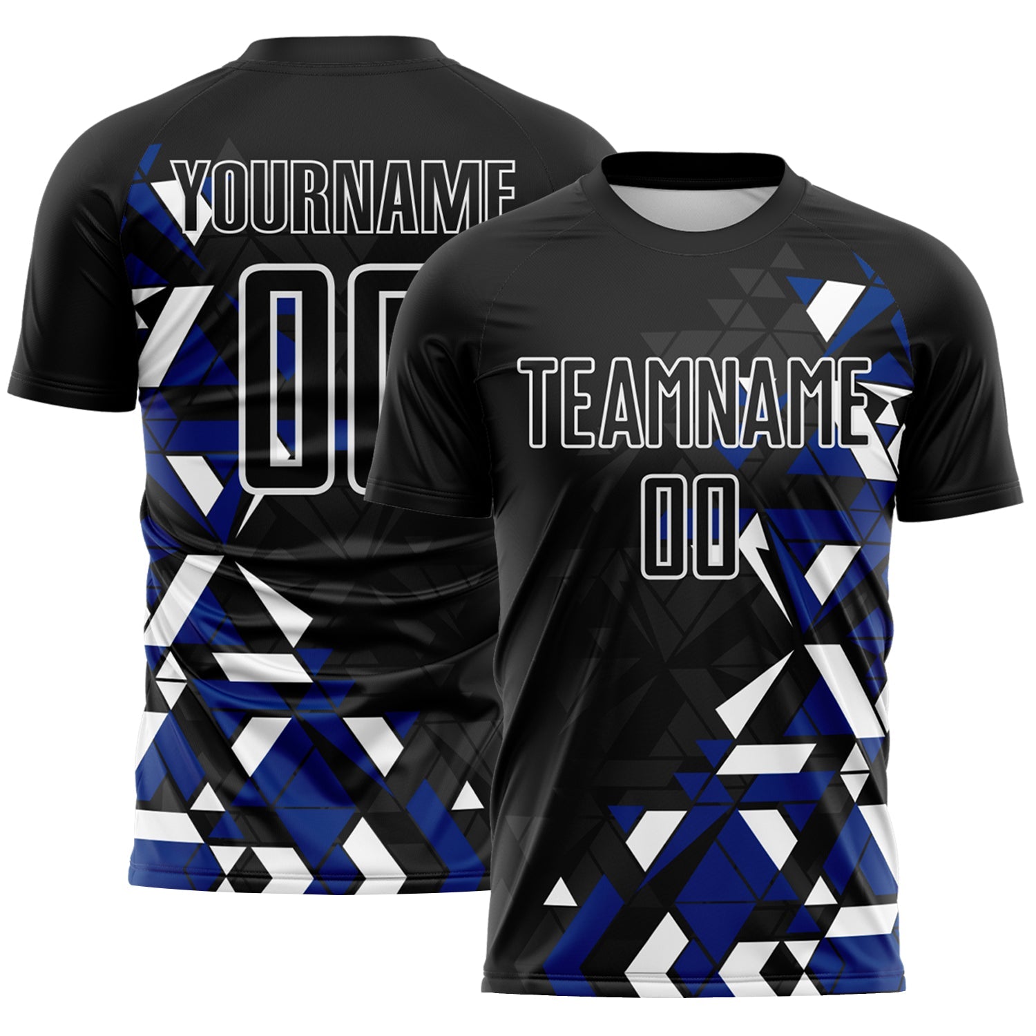 Custom Black Royal-White Geometric Grid Gradient Sublimation Soccer Uniform Jersey - Main View