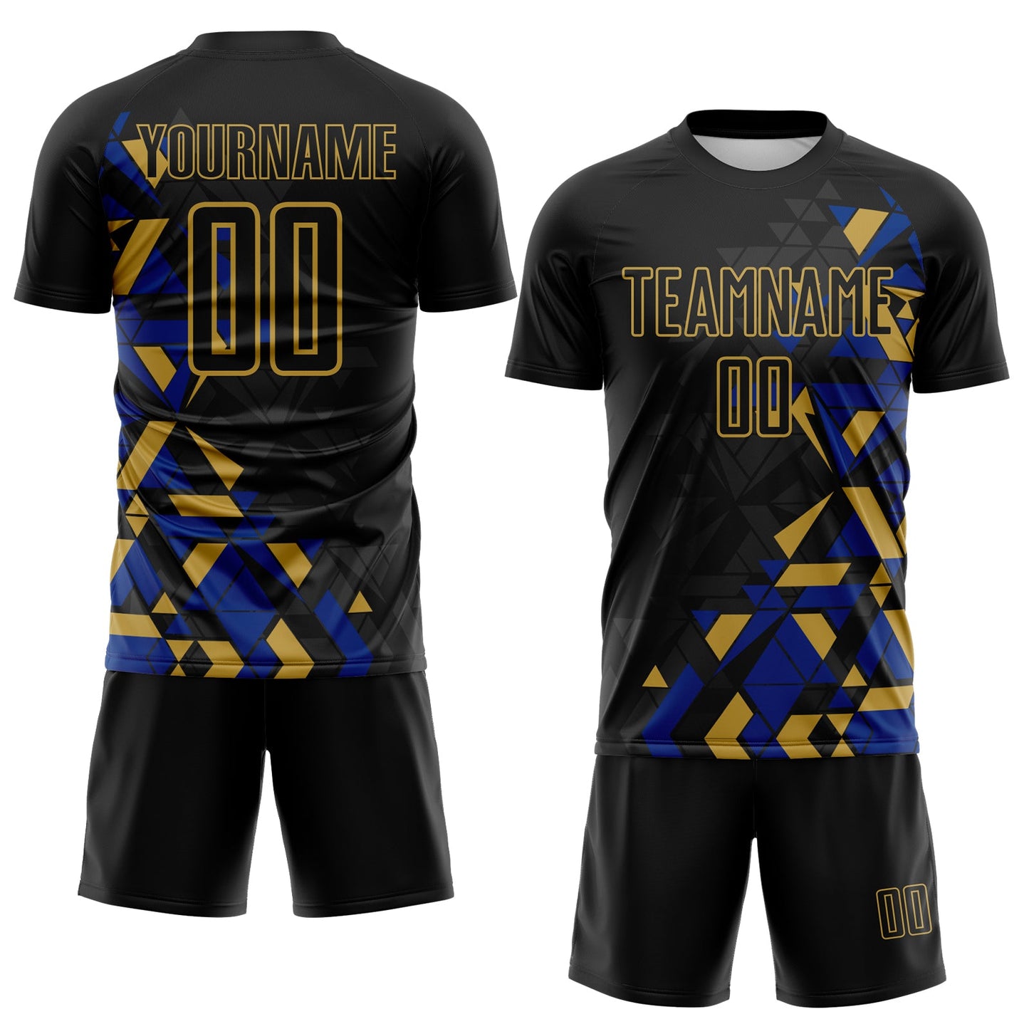 Custom Black Royal-Old Gold Geometric Grid Gradient Sublimation Soccer Uniform Jersey view 2