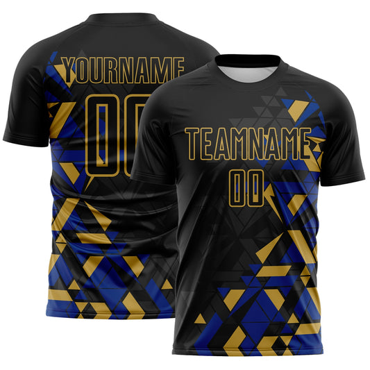 Custom Black Royal-Old Gold Geometric Grid Gradient Sublimation Soccer Uniform Jersey - Main View