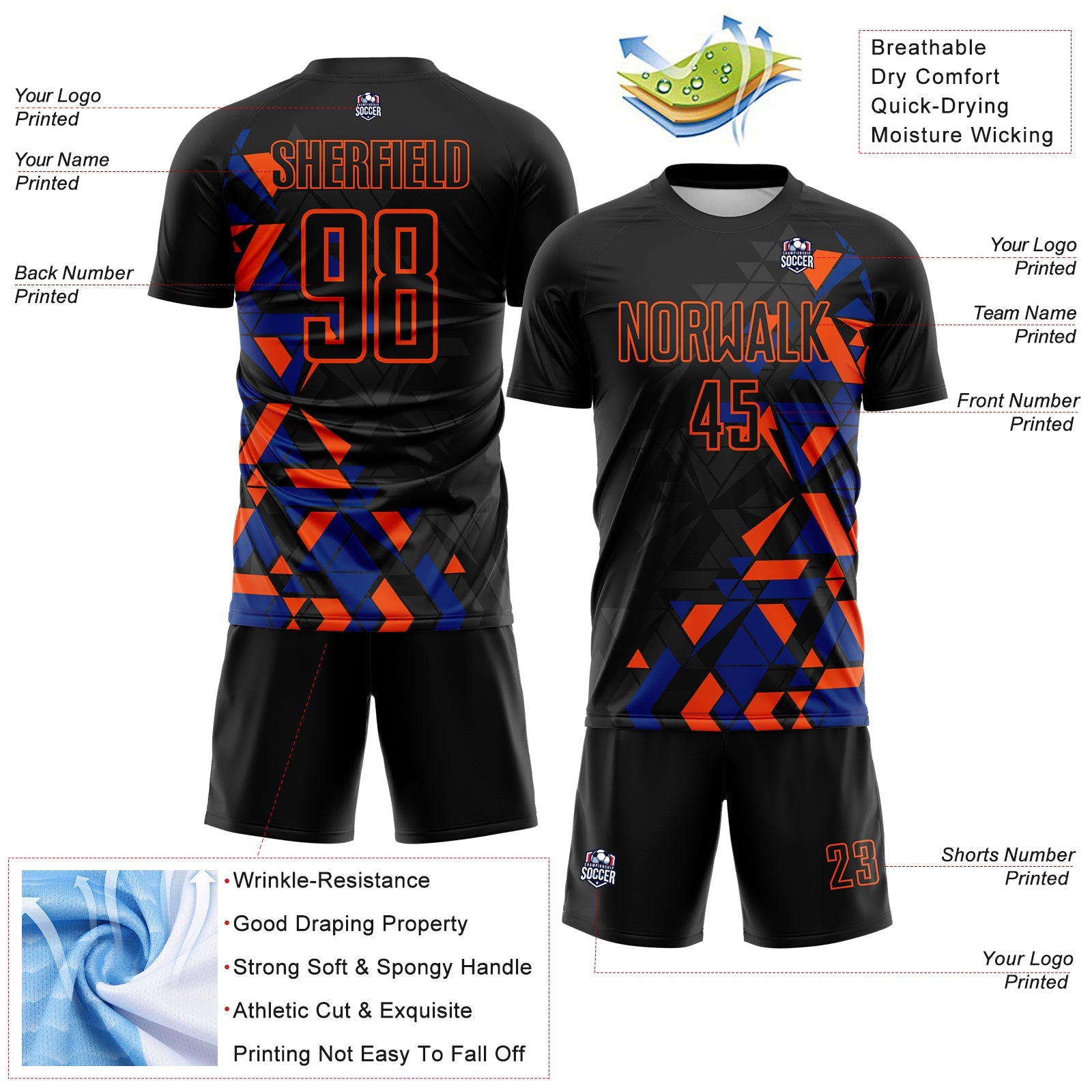 Custom Black Royal-Orange Geometric Grid Gradient Sublimation Soccer Uniform Jersey view 4