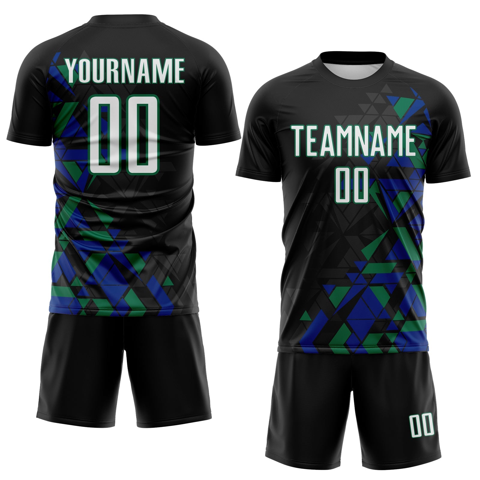 Custom Black White Royal-Kelly Green Geometric Grid Gradient Sublimation Soccer Uniform Jersey view 2