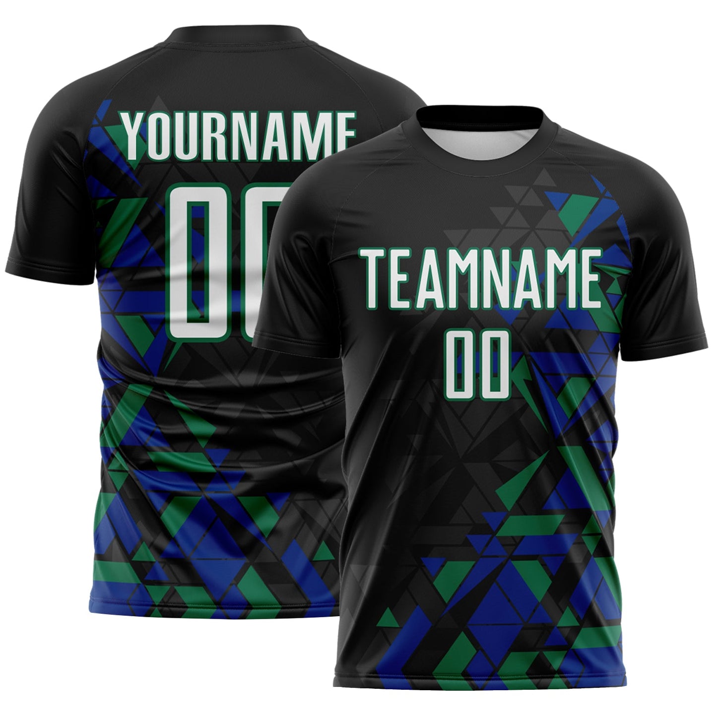 Custom Black White Royal-Kelly Green Geometric Grid Gradient Sublimation Soccer Uniform Jersey - Main View