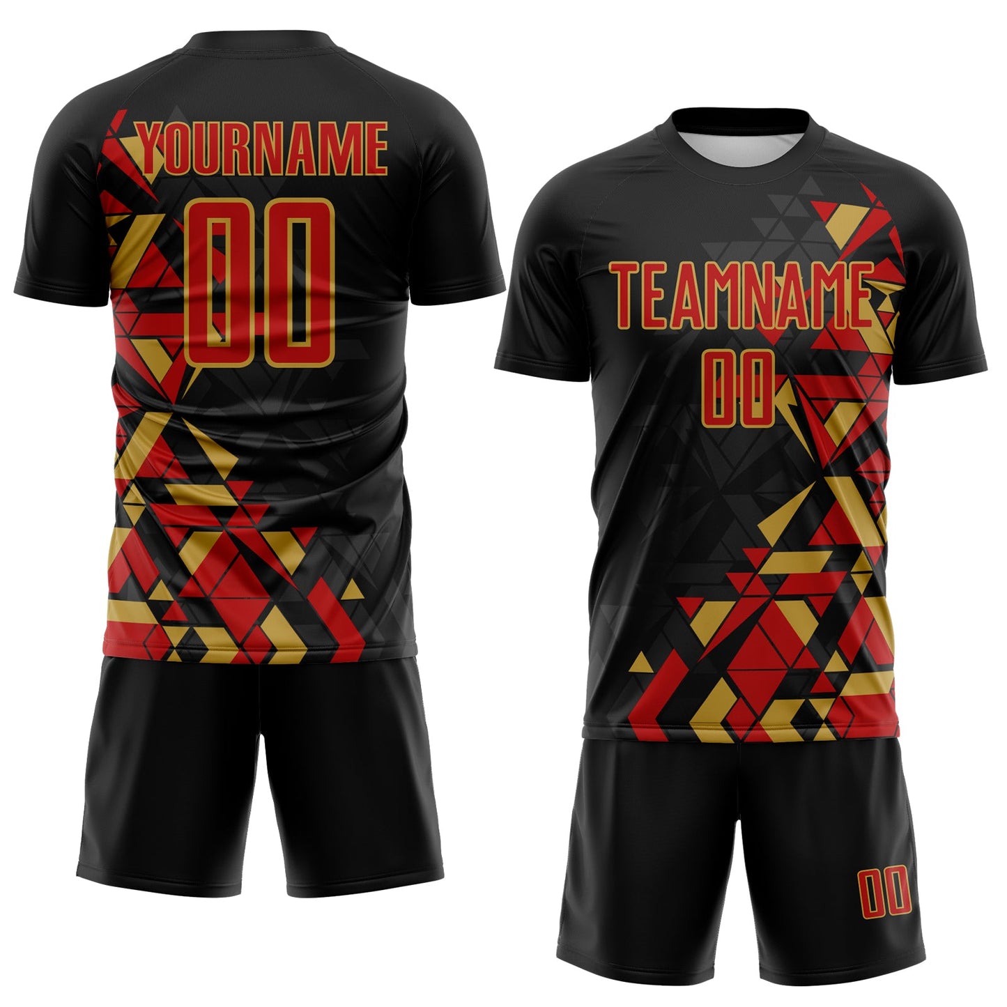 Custom Black Red-Old Gold Geometric Grid Gradient Sublimation Soccer Uniform Jersey view 2