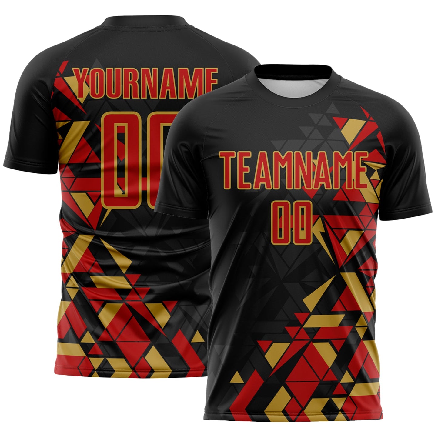 Custom Black Red-Old Gold Geometric Grid Gradient Sublimation Soccer Uniform Jersey - Main View