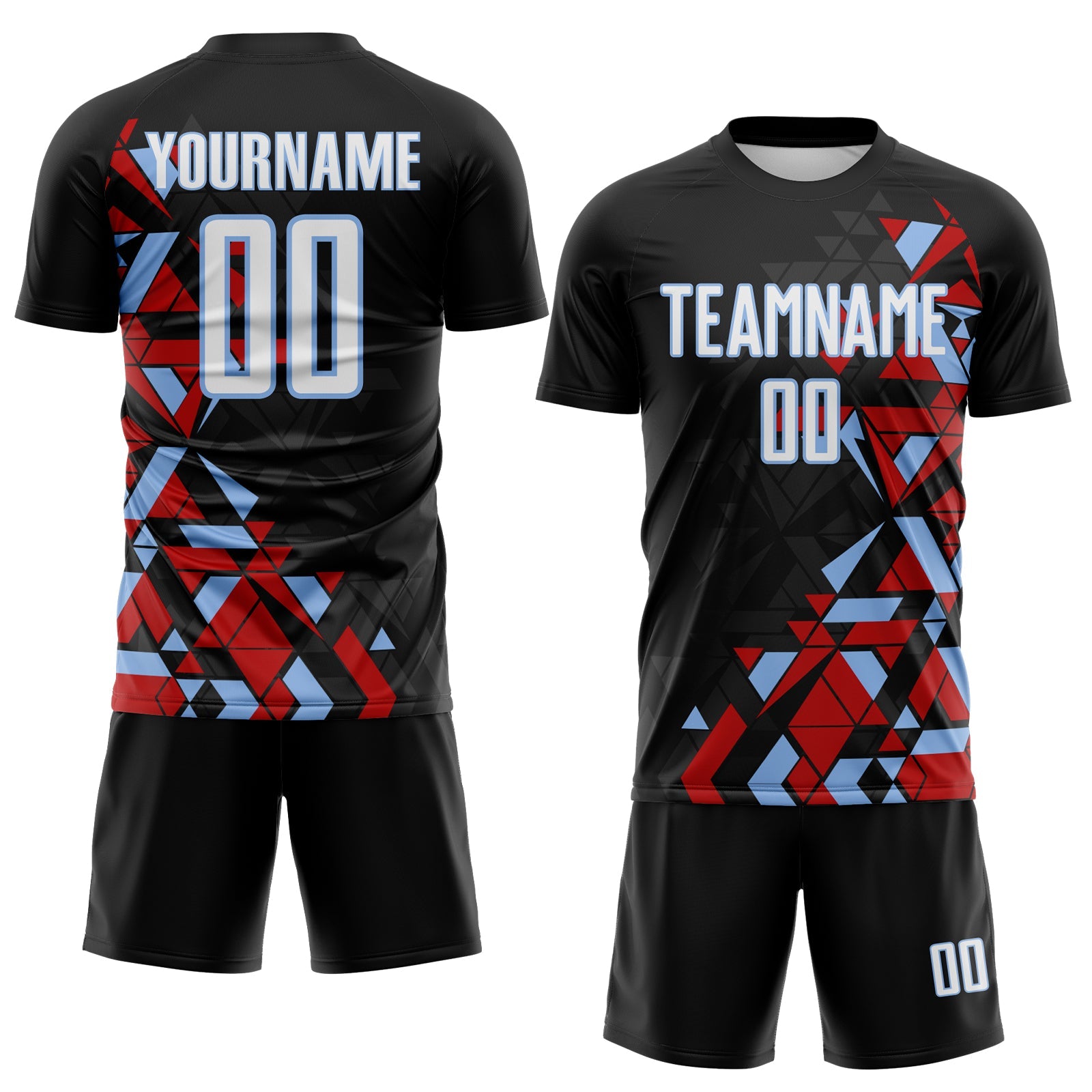 Custom Black White Red-Light Blue Geometric Grid Gradient Sublimation Soccer Uniform Jersey view 2