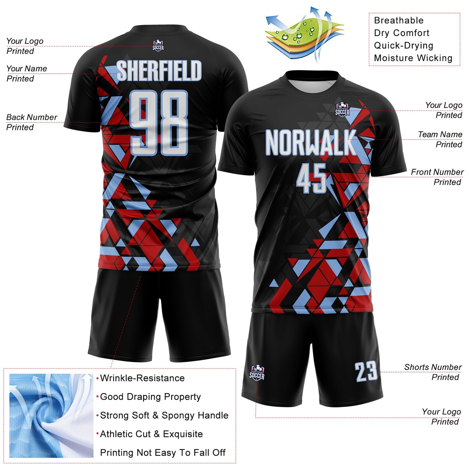 Custom Black White Red-Light Blue Geometric Grid Gradient Sublimation Soccer Uniform Jersey view 4