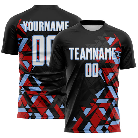 Custom Black White Red-Light Blue Geometric Grid Gradient Sublimation Soccer Uniform Jersey - Main View