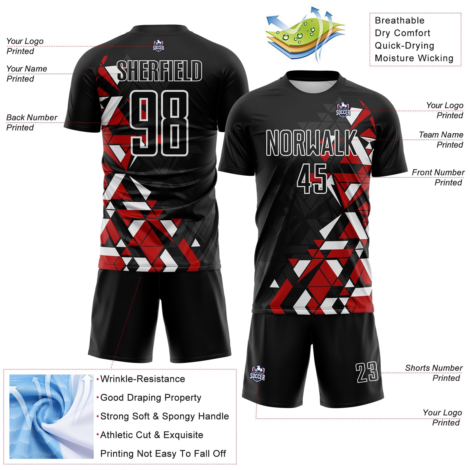 Custom Black Red-White Geometric Grid Gradient Sublimation Soccer Uniform Jersey view 4