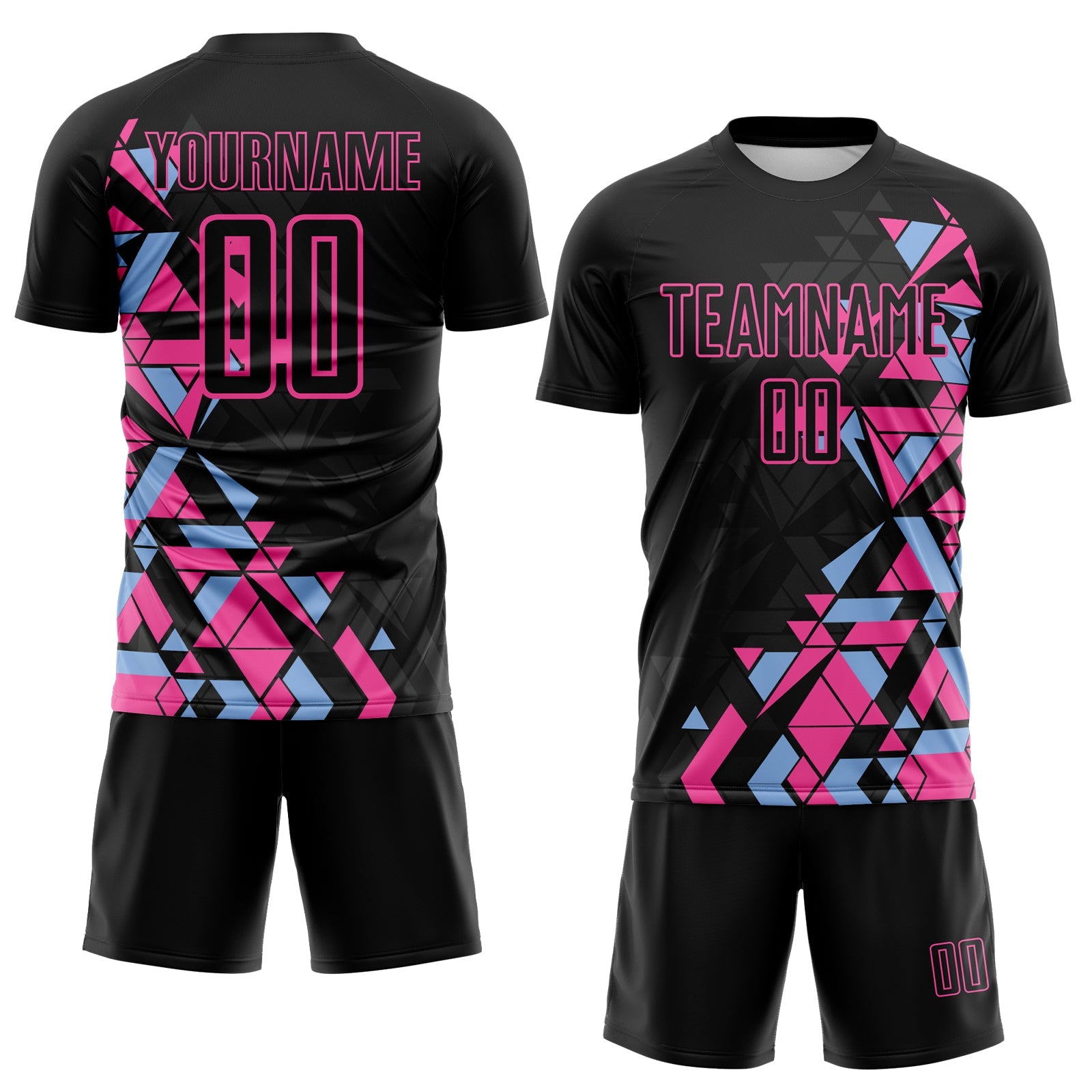 Custom Black Pink-Light Blue Geometric Grid Gradient Sublimation Soccer Uniform Jersey view 2