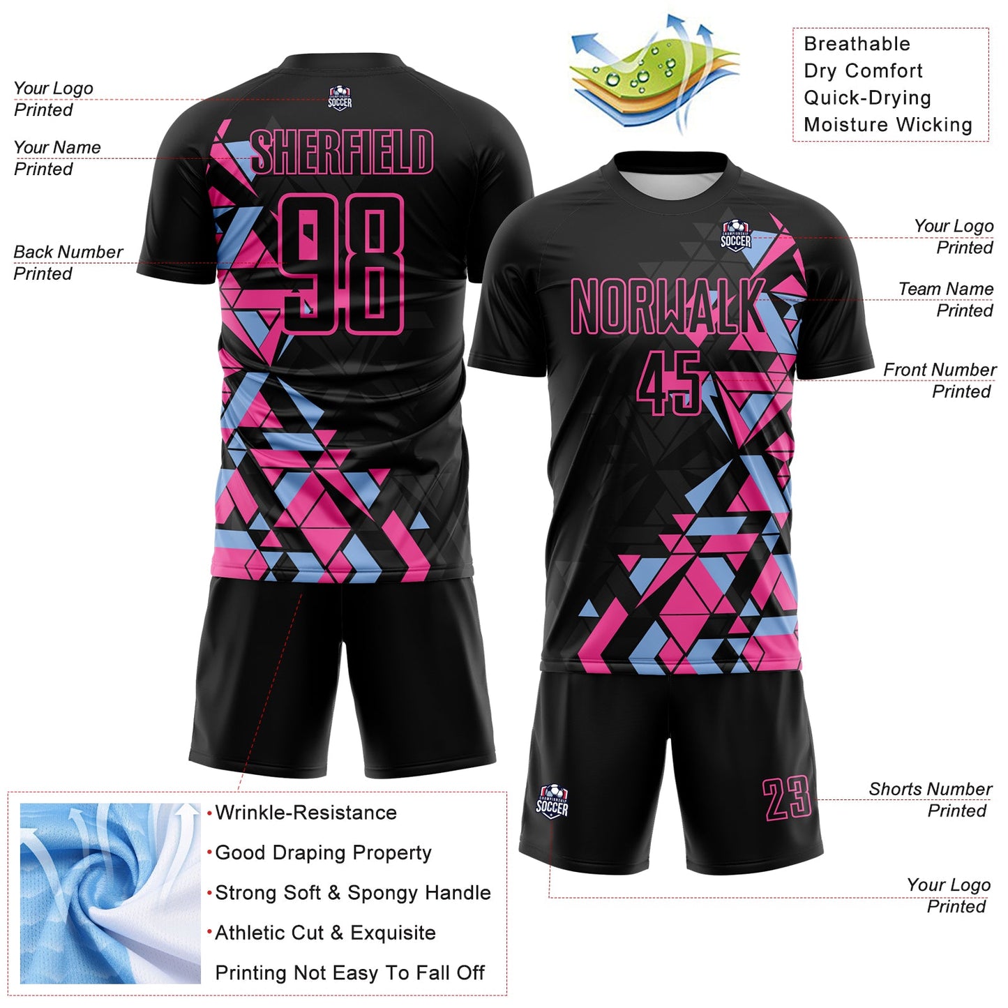 Custom Black Pink-Light Blue Geometric Grid Gradient Sublimation Soccer Uniform Jersey view 4