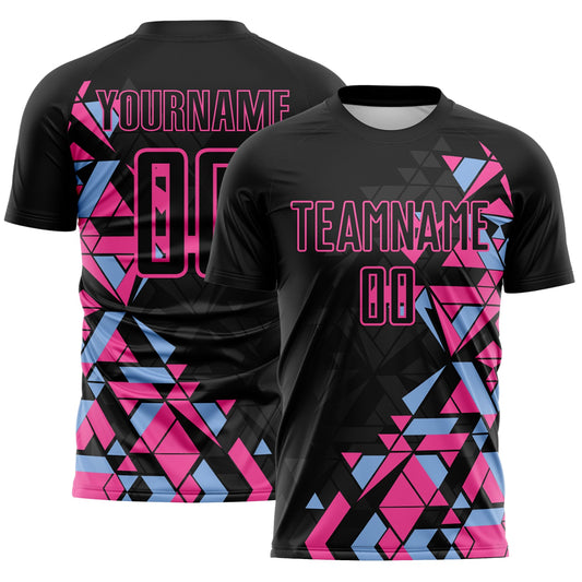 Custom Black Pink-Light Blue Geometric Grid Gradient Sublimation Soccer Uniform Jersey - Main View