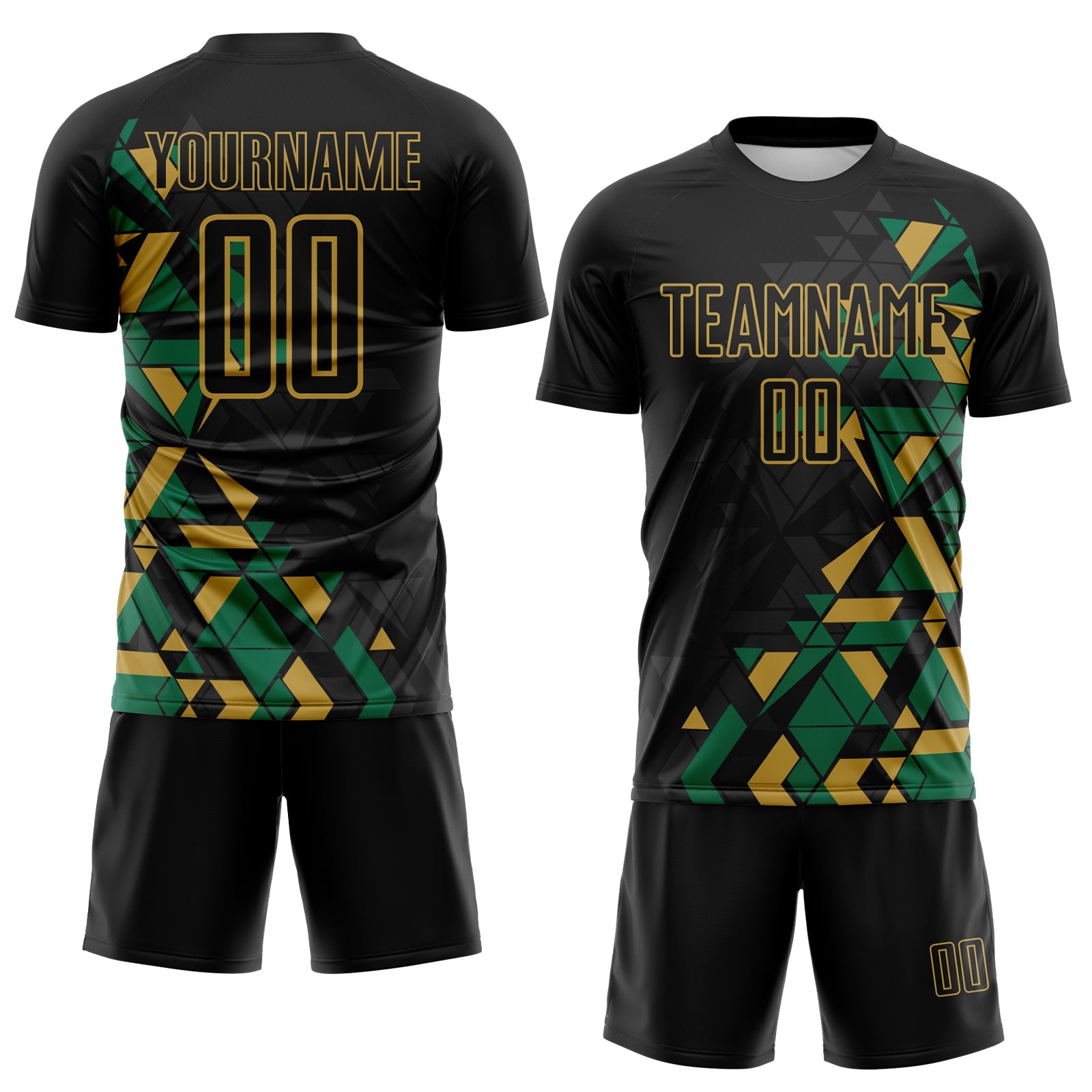 Custom Black Kelly Green-Old Gold Geometric Grid Gradient Sublimation Soccer Uniform Jersey view 2