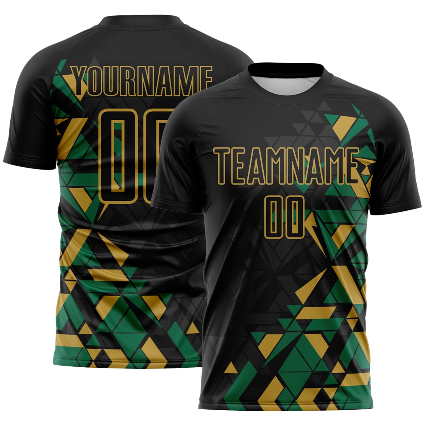 Custom Black Kelly Green-Old Gold Geometric Grid Gradient Sublimation Soccer Uniform Jersey - Main View