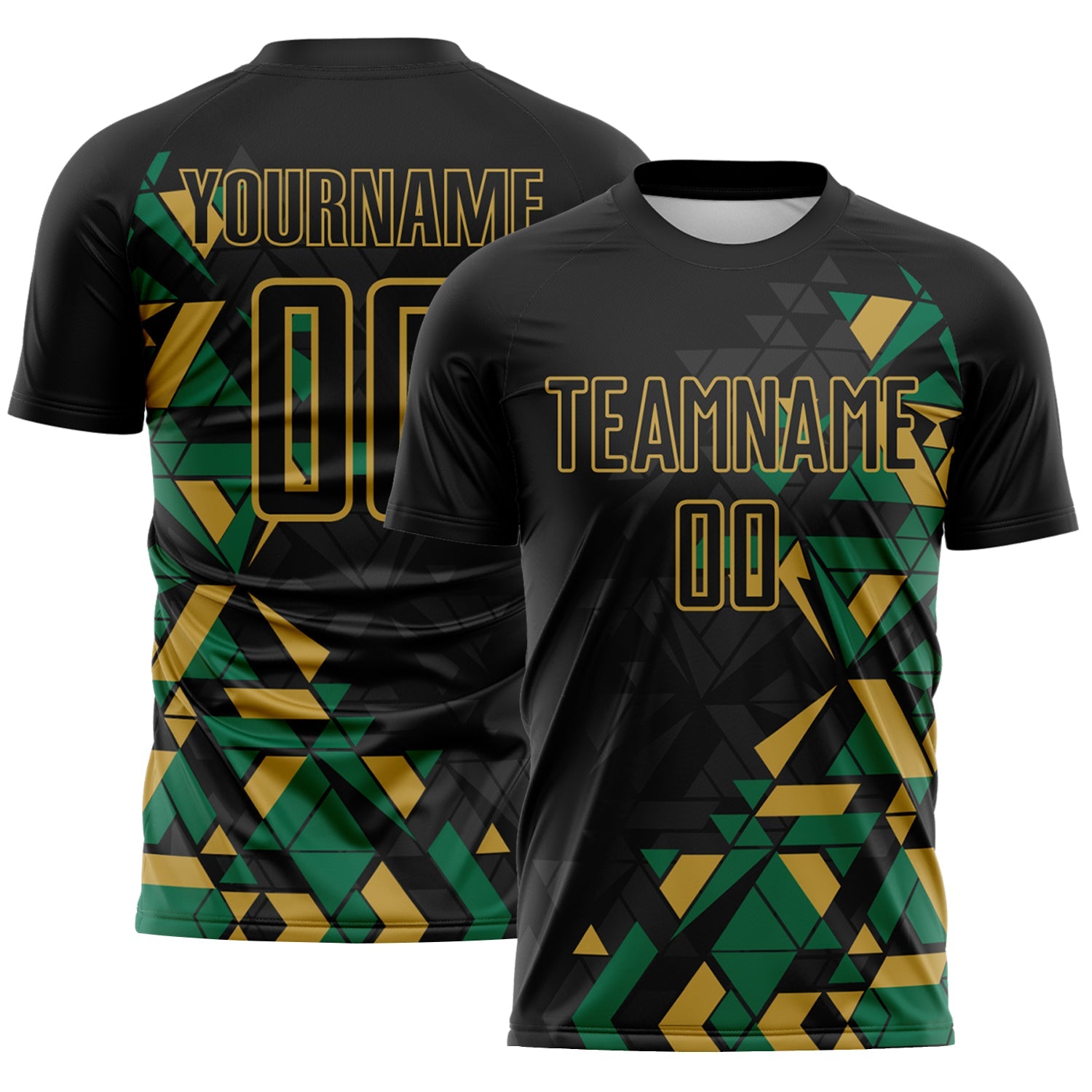 Custom Black Kelly Green-Old Gold Geometric Grid Gradient Sublimation Soccer Uniform Jersey - Main View
