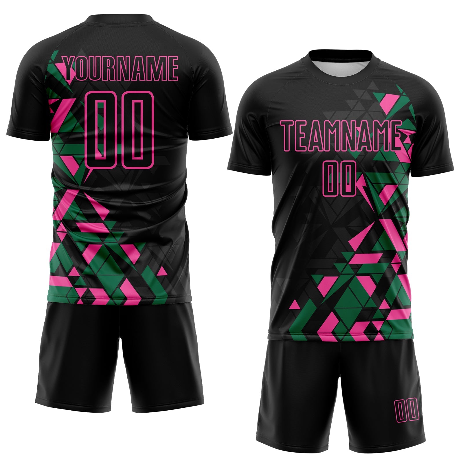 Custom Black Kelly Green-Pink Geometric Grid Gradient Sublimation Soccer Uniform Jersey view 2