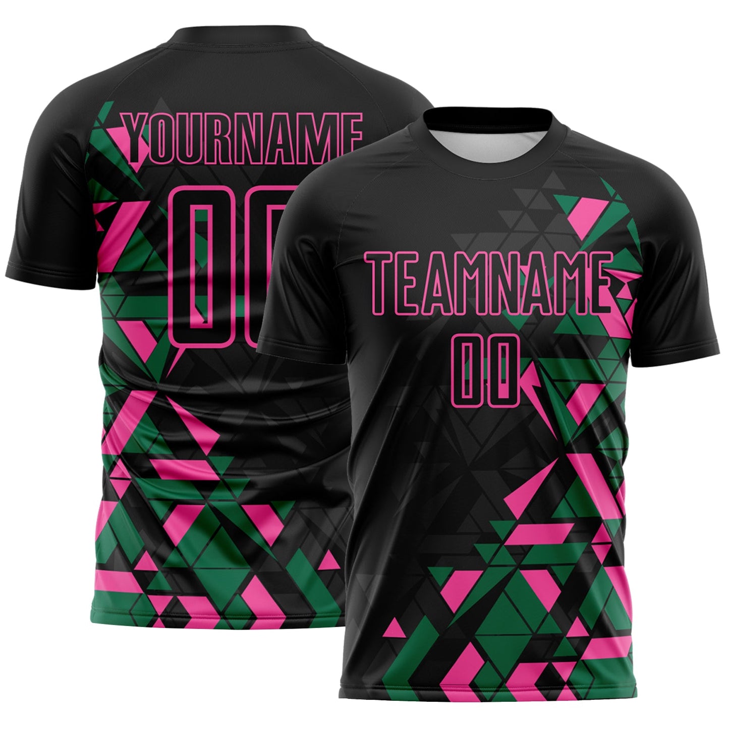 Custom Black Kelly Green-Pink Geometric Grid Gradient Sublimation Soccer Uniform Jersey - Main View