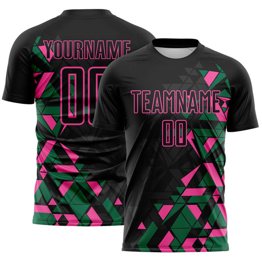Custom Black Kelly Green-Pink Geometric Grid Gradient Sublimation Soccer Uniform Jersey - Main View